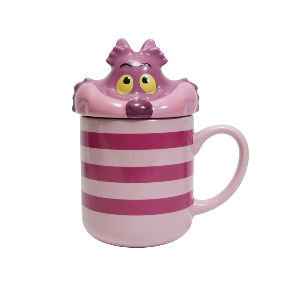 Disney Cheshire Cat Mug 12oz Pink Striped Alice‎ in Wonderland Peek-a-Boo Lid
